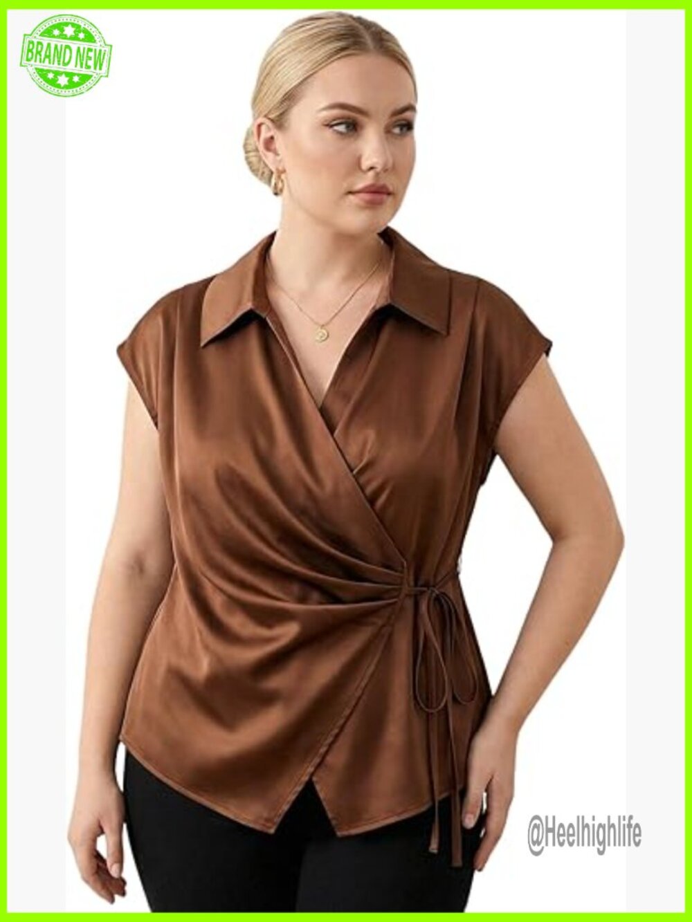 Plus Size Satin Wrap Ruched Collared Cap Sleeve Work Blouse